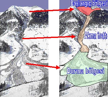 Bir çığ patikasının bölümleri